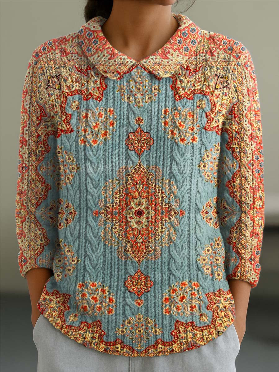 womens-vintage-floral-art-print-casual-peter-pan-collar-3-4-sleeve-sweater-ixkh