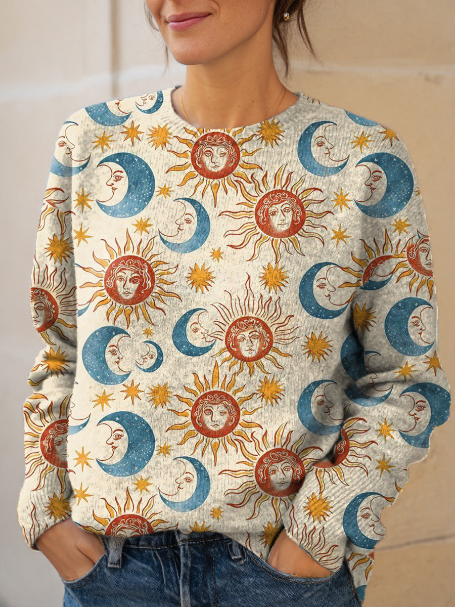 womens-retro-art-moon-sun-print-knit-pullover-sweater