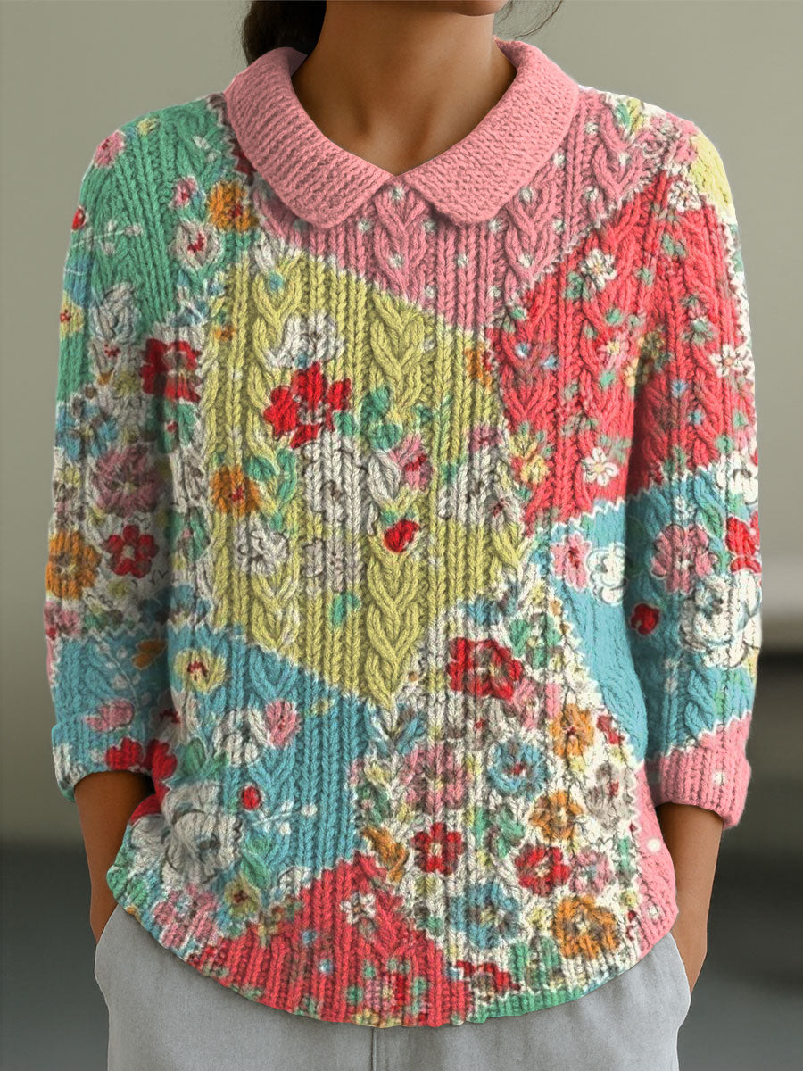 womens-vintage-floral-splicing-art-print-casual-peter-pan-collar-3-4-sleeve-sweater