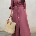 Classic Stand-up Collar Button-down Linen Maxi Dress