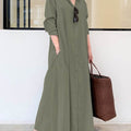 Women's Solid Color Casual Loose Elegant V-Neck Cotton And Linen Pocket Shirt Dress
