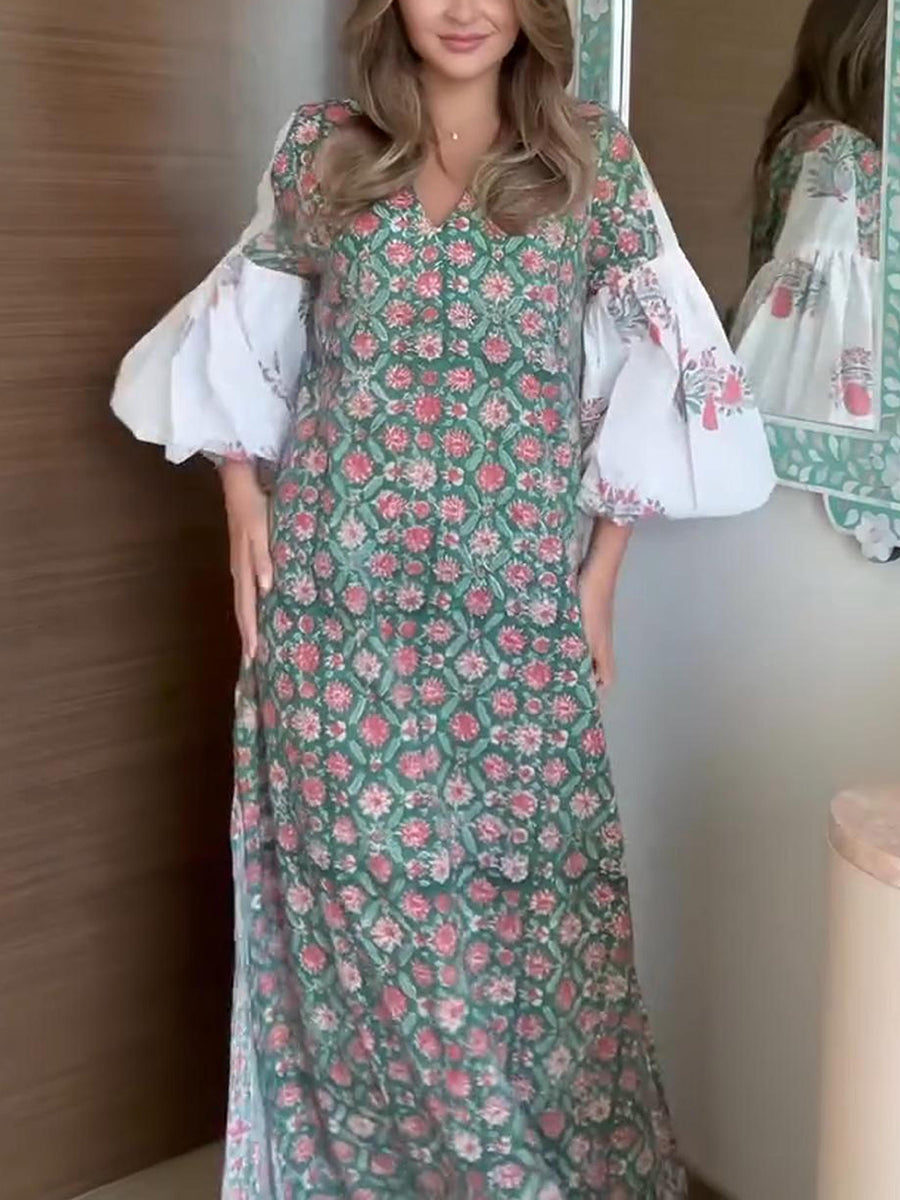 Women's Floral Print Loose Lantern Sleeve Kaftan Dress