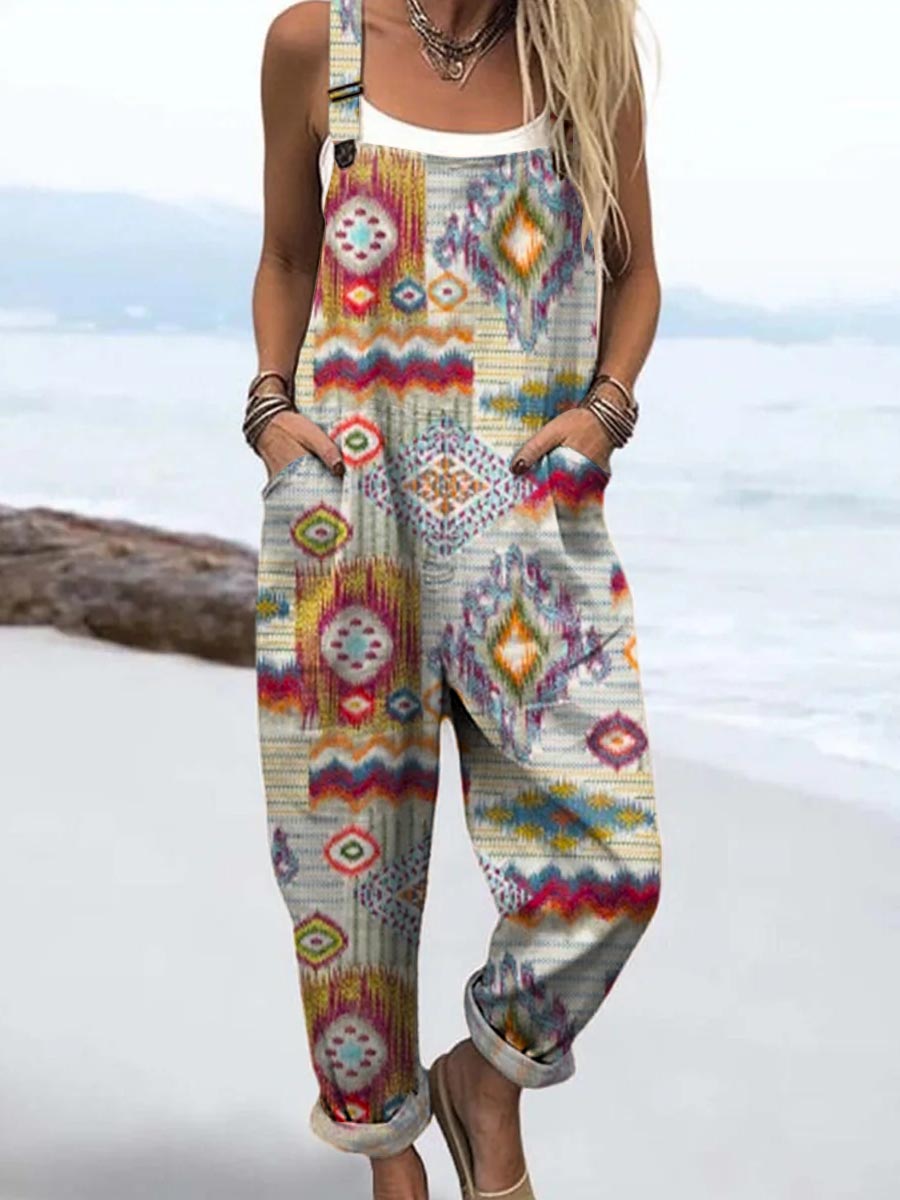 Women's Vintage Ethnic Pattern Art Print Casual 100% Cotton Wide Leg Jumpsuit
