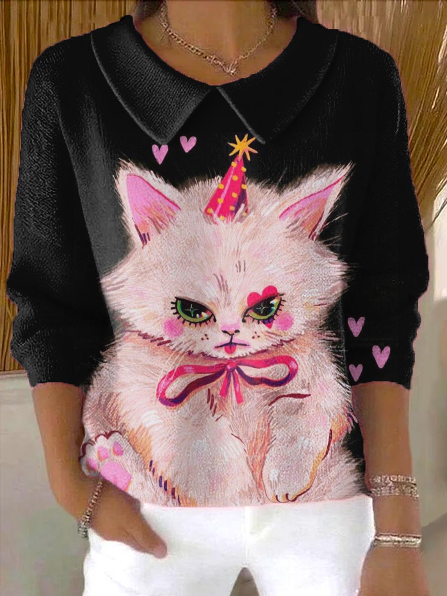 womens-lovely-cat-art-print-casual-peter-pan-collar-3-4-sleeve-sweater