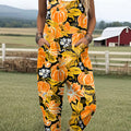 Women's  Vintage Pumpkin Art Print Casual 100% Cotton Wide Leg Jumpsuit