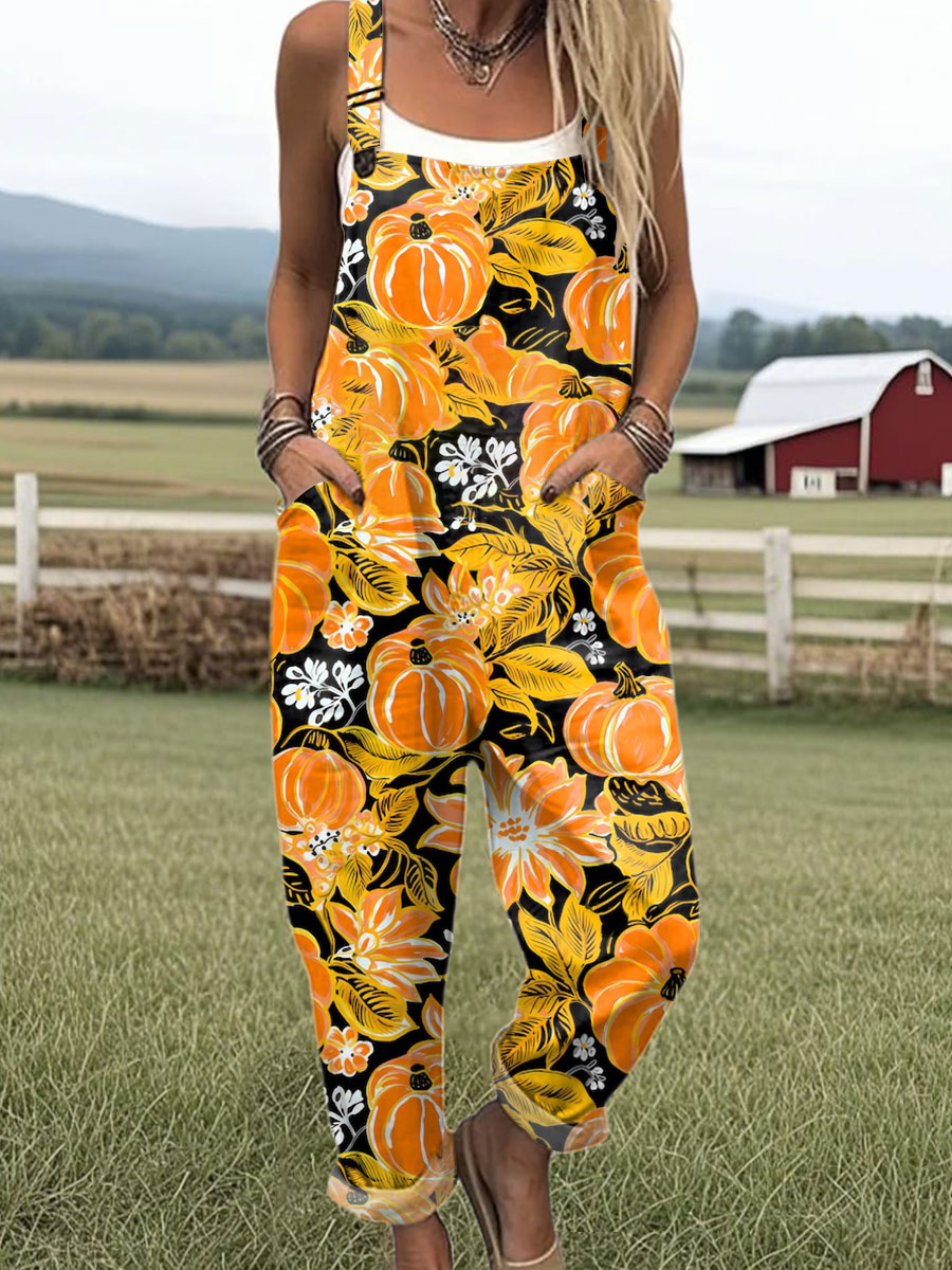 Women's  Vintage Pumpkin Art Print Casual 100% Cotton Wide Leg Jumpsuit