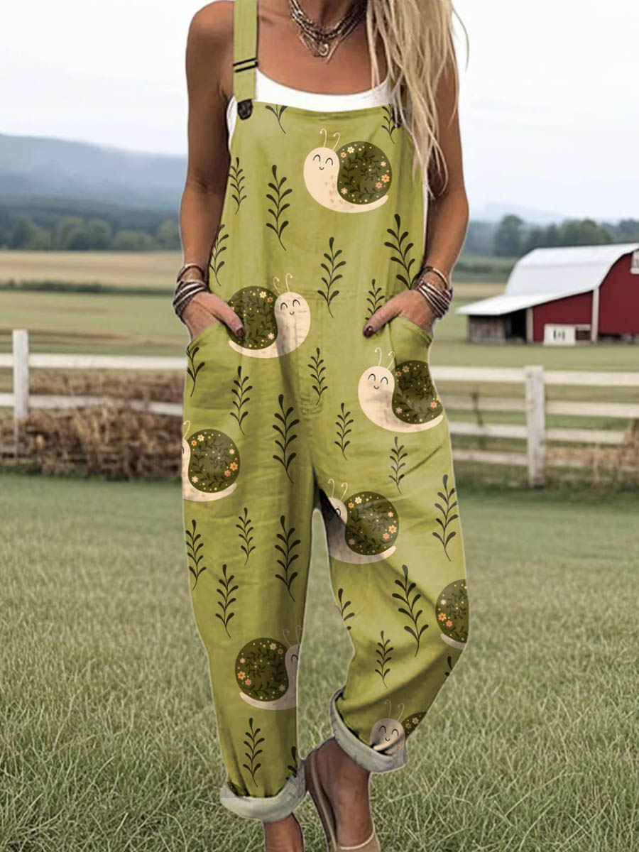Women's Lovely Snail Art Print Casual 100% Cotton Wide Leg Jumpsuit