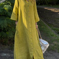 Women's Solid Color Shirt Collar 3/4 Sleeves Casual Loose Cotton and Linen Cardigan Dress