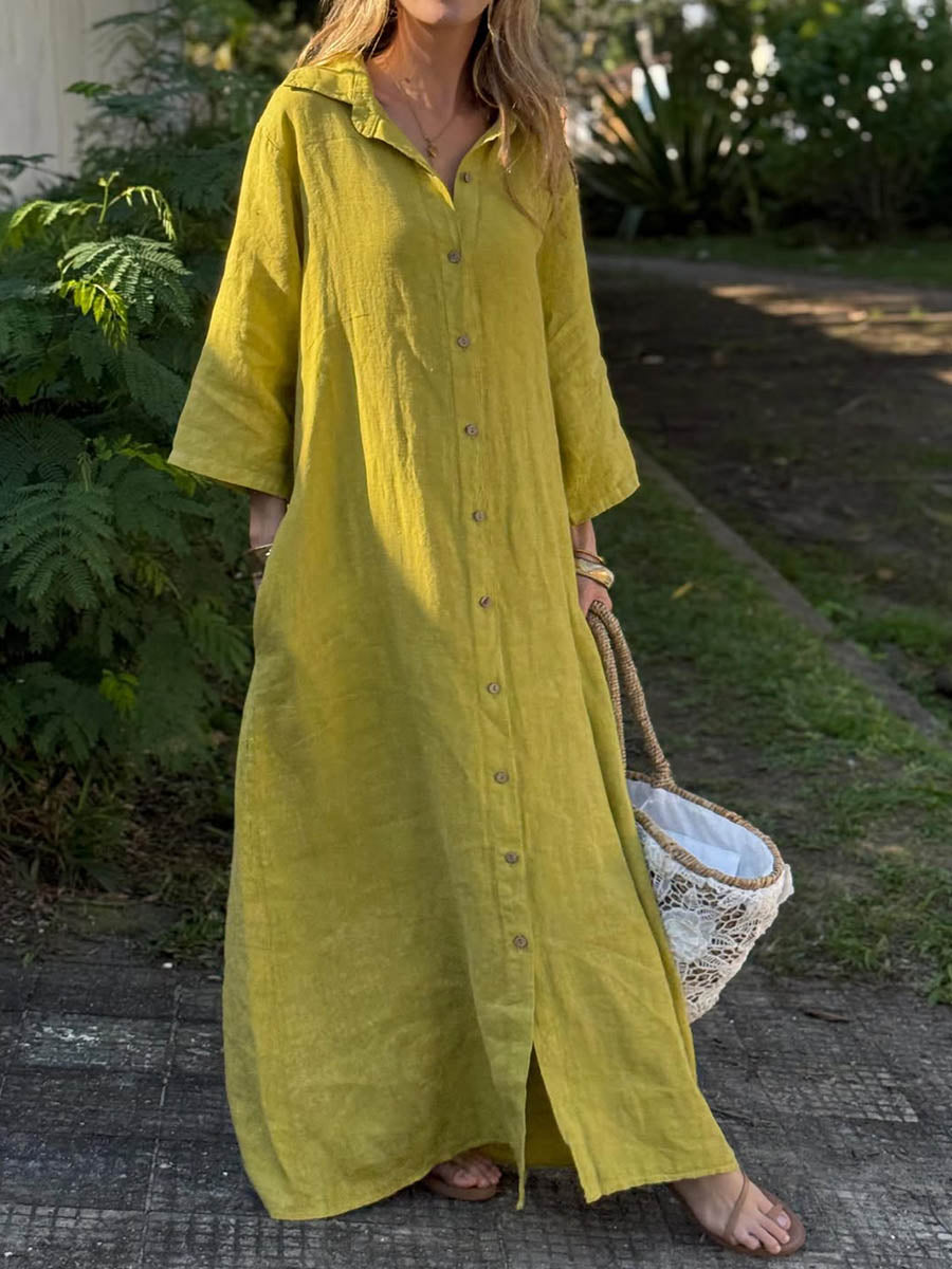 Women's Solid Color Shirt Collar 3/4 Sleeves Casual Loose Cotton and Linen Cardigan Dress