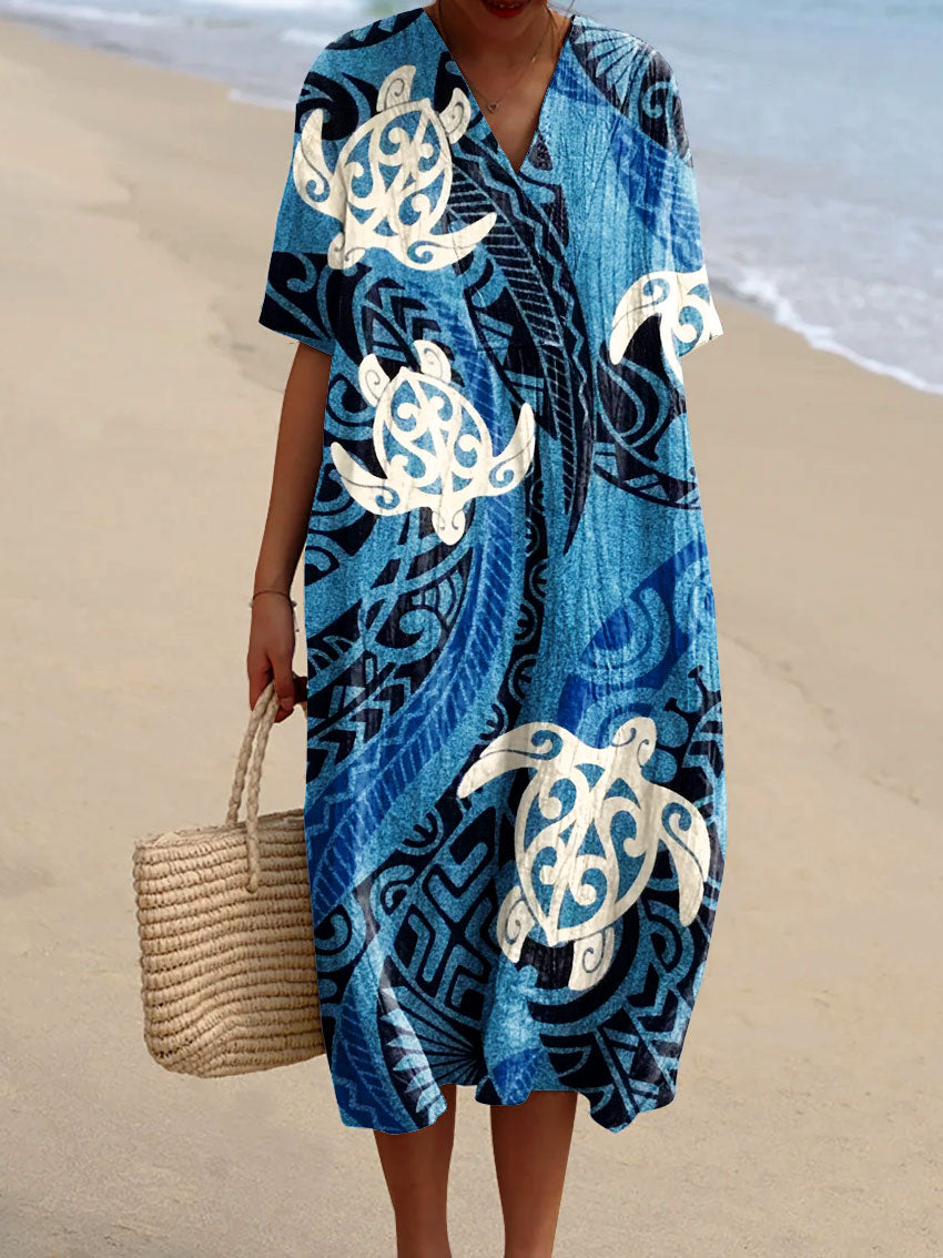 Women's Vintage Ocean Turtle Art Print Flowy Dress