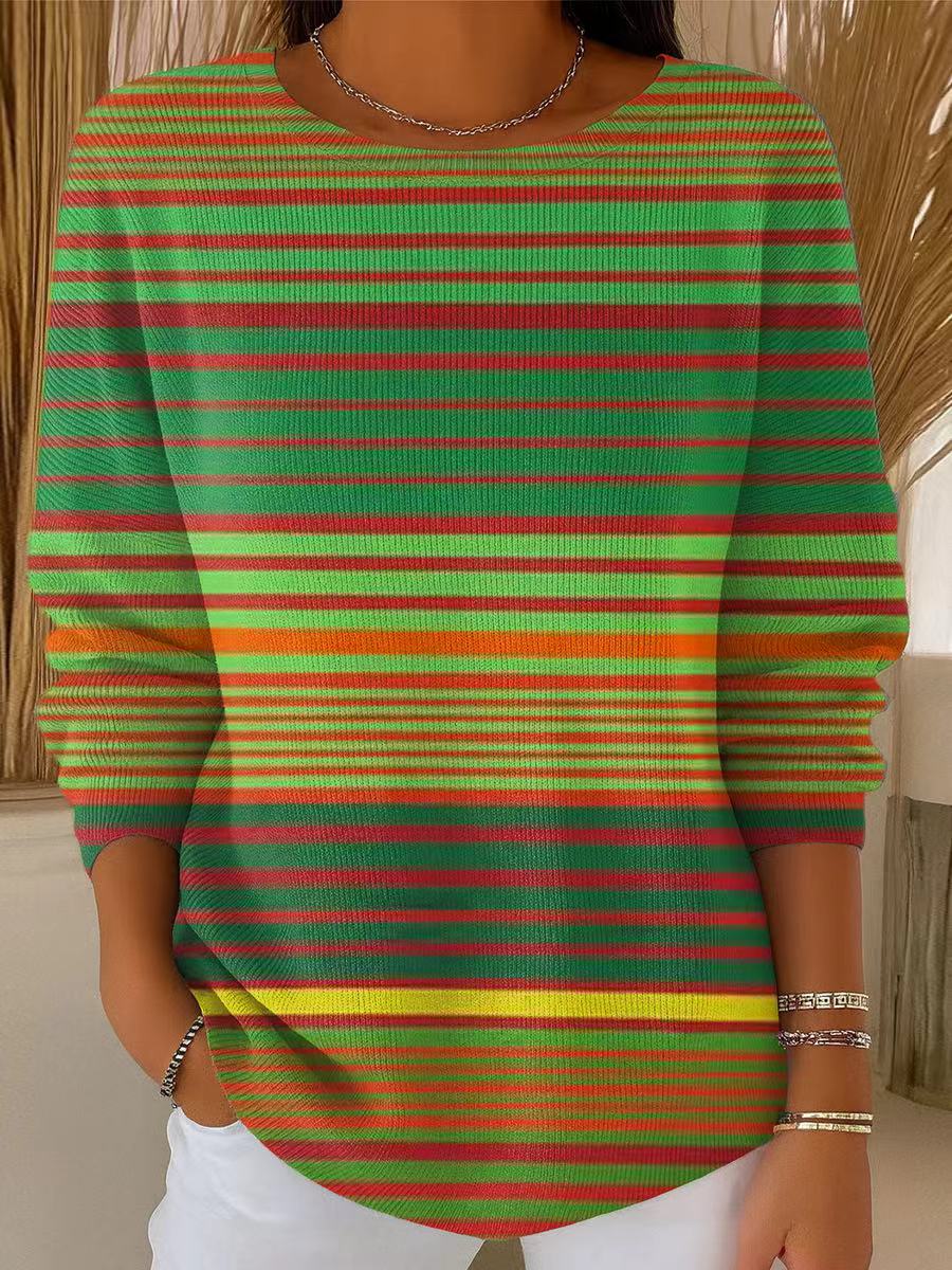Women's Vintage Colorful Stripe Painting Art Print Casual Pullover Sweater