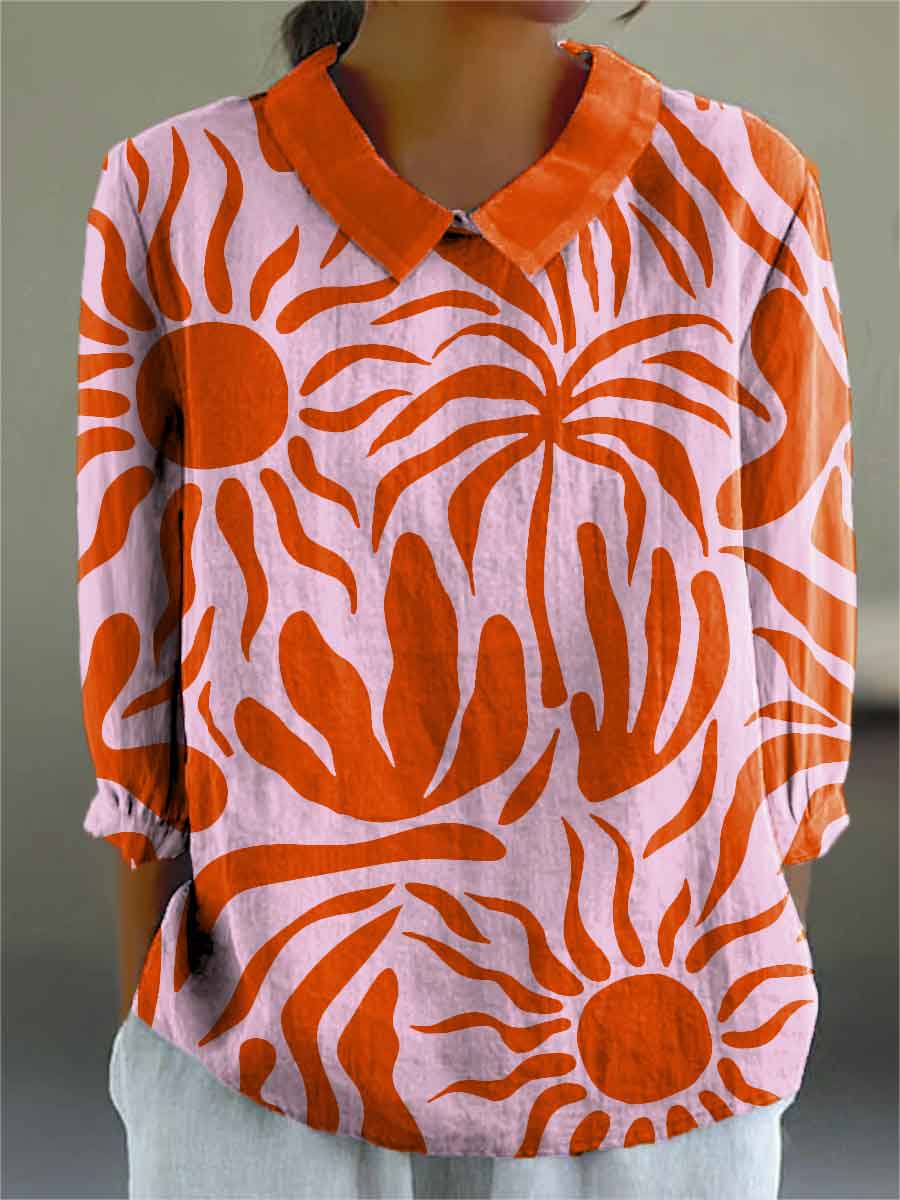 Women's Abstract Floral Pattern Print Casual Cotton And Linen 3/4 Sleeve Shirt