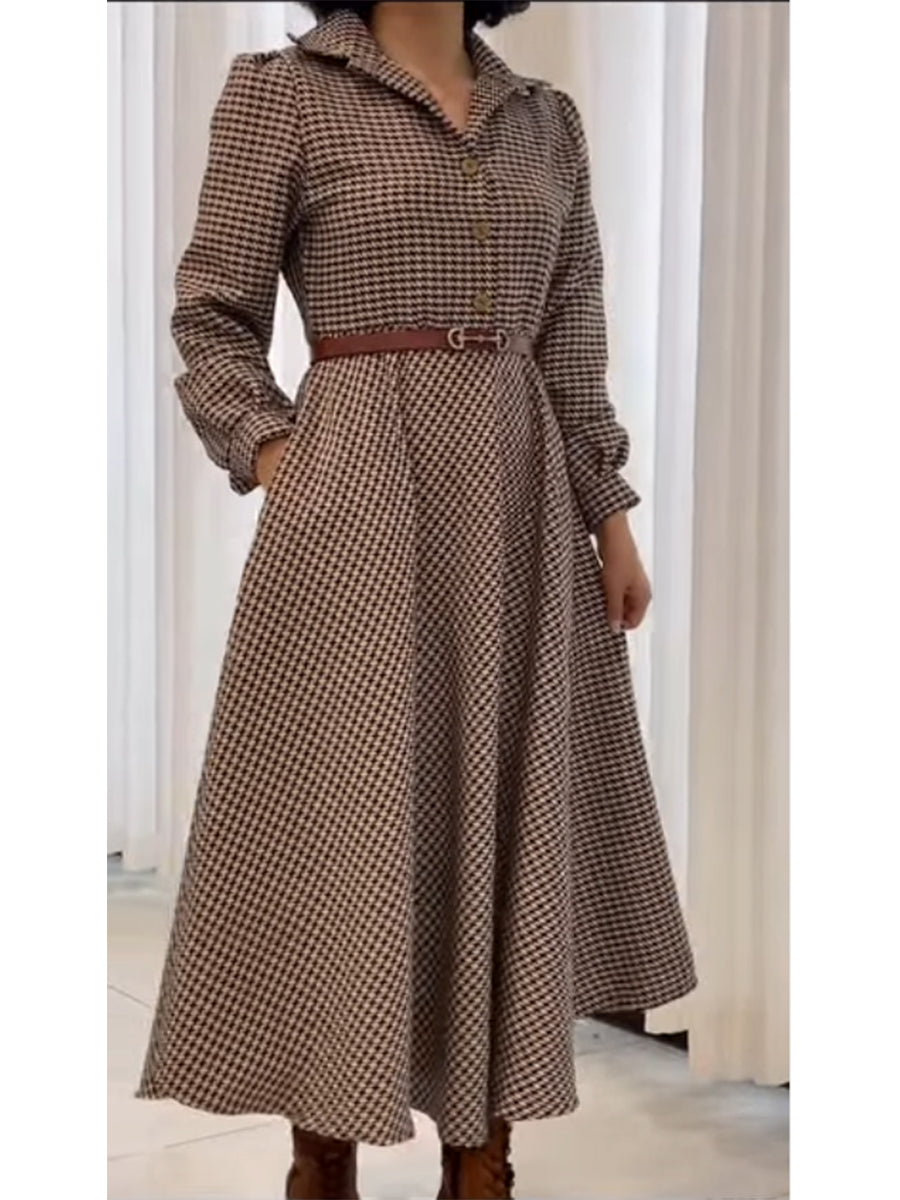 Women's Vintage Houndstooth Long Sleeve Dress