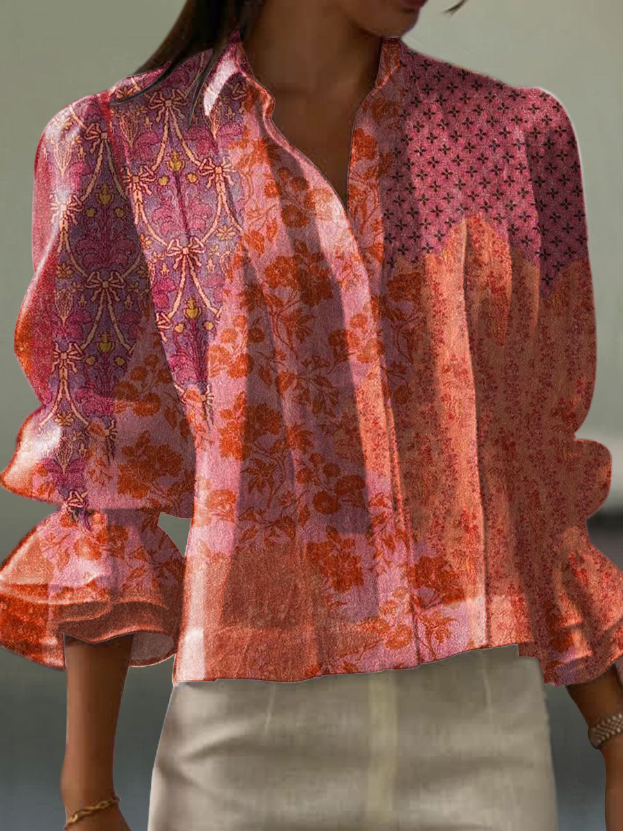 Women's  Vintage Flower Art Print Casual  Cotton And Linen Shirt