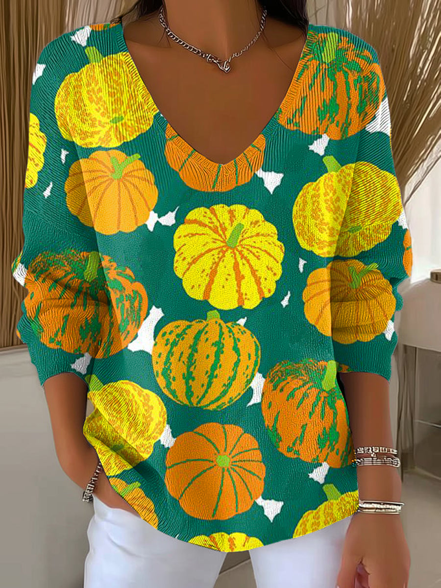 Women's Cute Pumpkin Drawing Art Print Casual Pullover Sweater