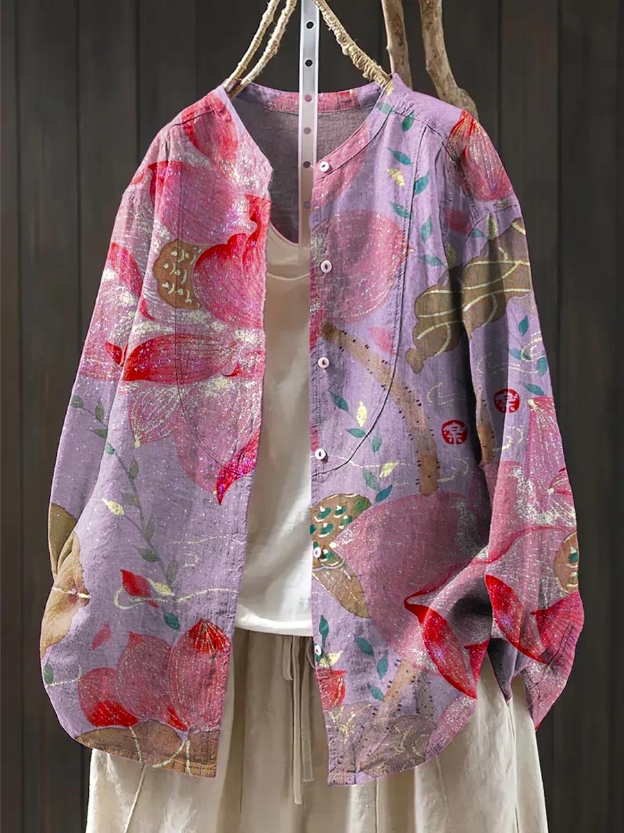 Women's Vintage Floral Art Print Casual Cotton And Linen Shirt
