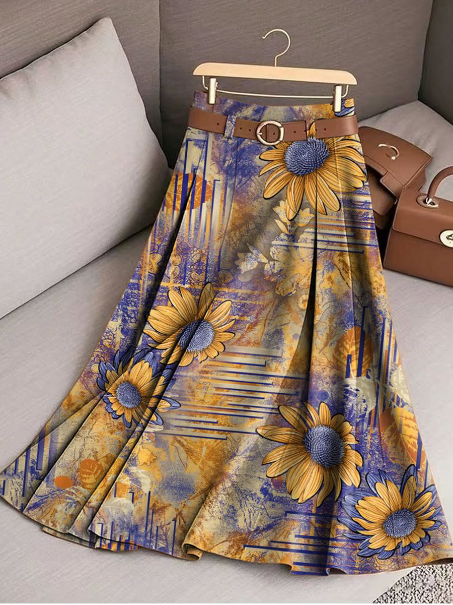 Women's Beautiful Vintage Abstract Sunflower Floral Art Print Cotton Skirt
