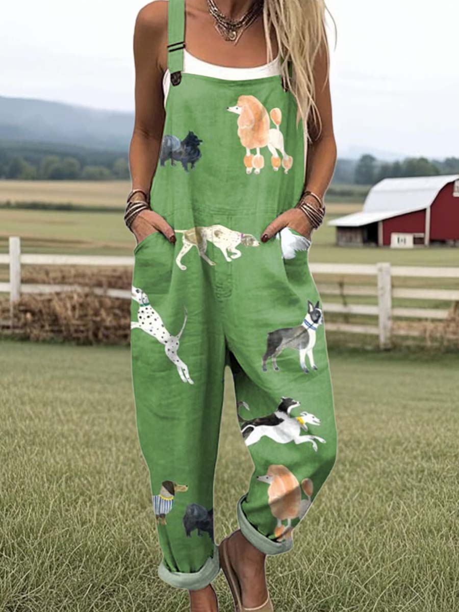 Women's Lovely Dogs Pattern Art Print Casual 100% Cotton Wide Leg Jumpsuit