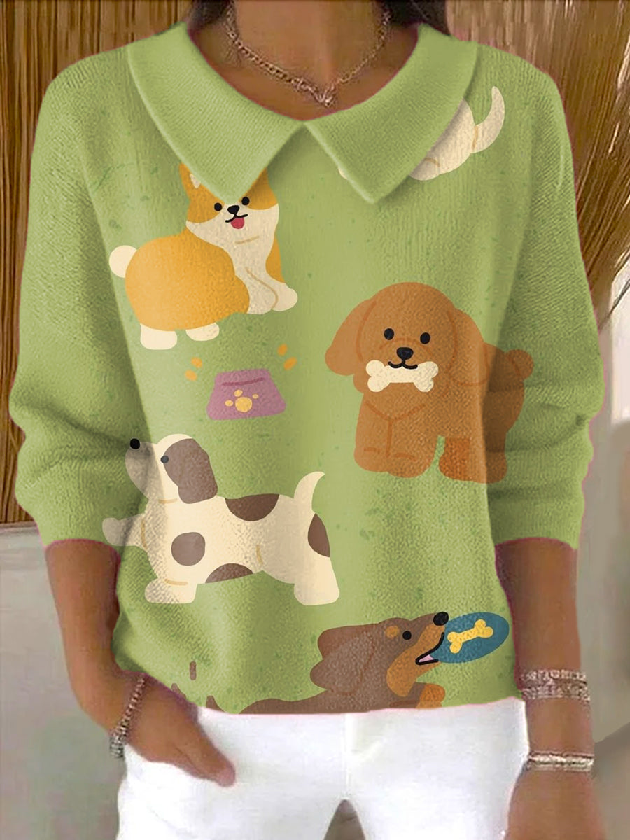 womens-cute-puppy-drawing-art-print-casual-peter-pan-collar-3-4-sleeve-sweater-ljrg