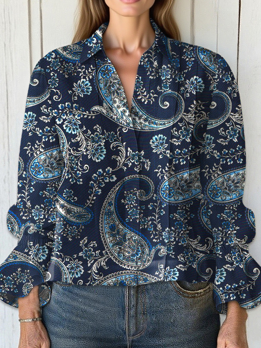 Women's  Vintage Cashew Flower  Art Print Casual  Cotton And Linen Shirt