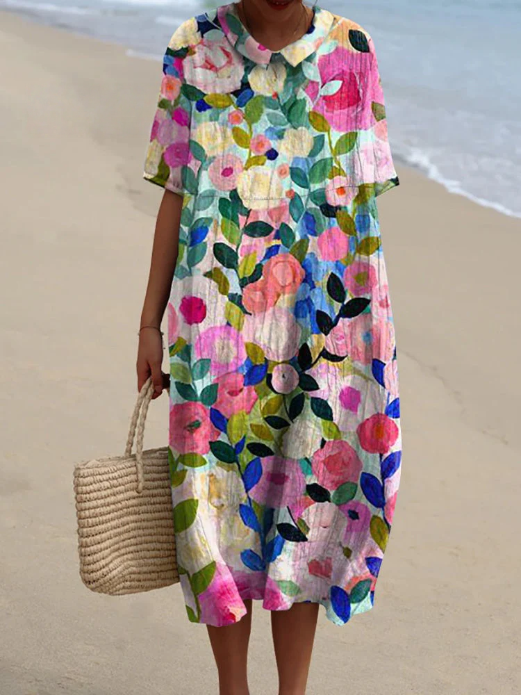 Colorful Spring Floral Garden Printed Women's Pocket Linen Dress (Convertible Dress With Front And Back Option)