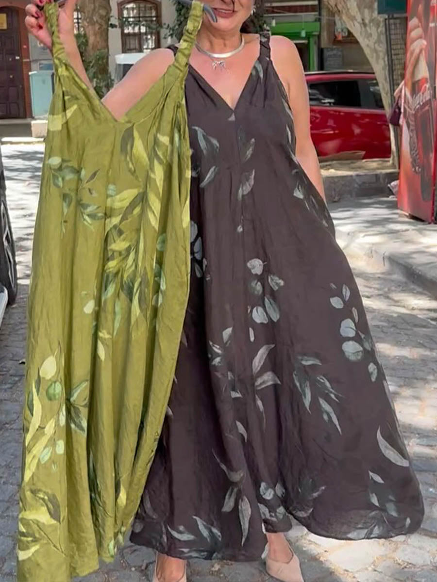 Women's Retro Floral Print V-Neck Sleeveless Casual Cotton and Linen Slip Dress