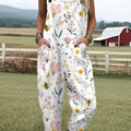 Women's Vintage Floral Bee Art Print Casual 100% Cotton Wide Leg Jumpsuit