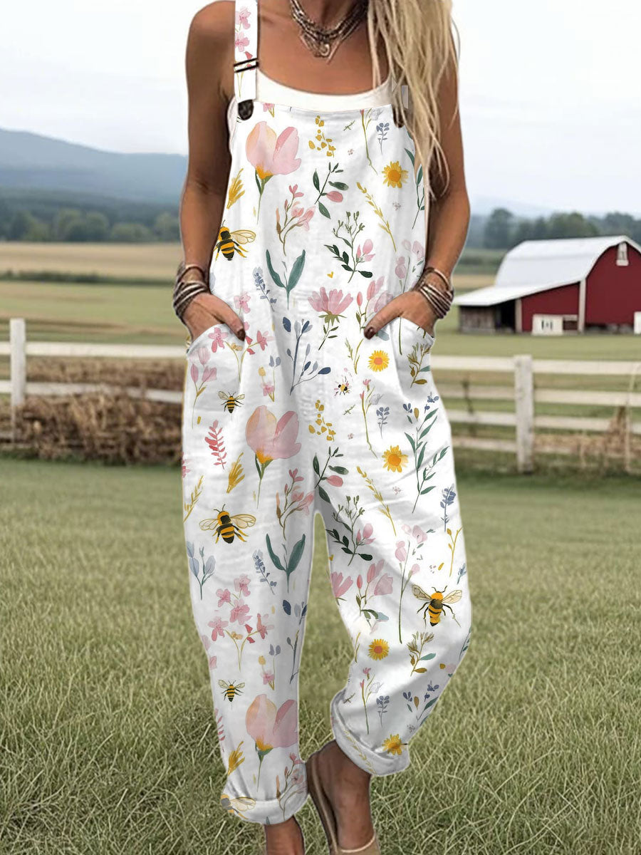 Women's Vintage Floral Bee Art Print Casual 100% Cotton Wide Leg Jumpsuit