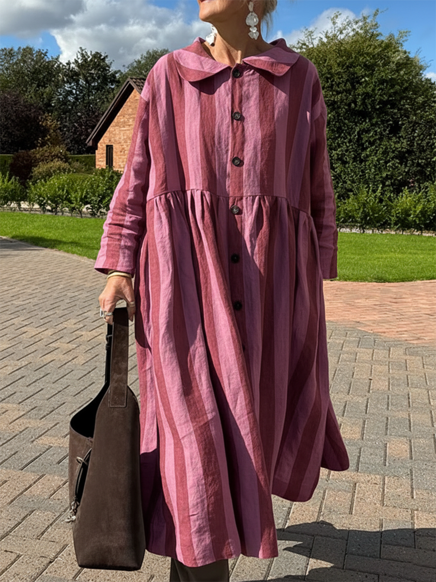 Vintage Peter Pan Vertical Striped Soft Cotton Midi Dress