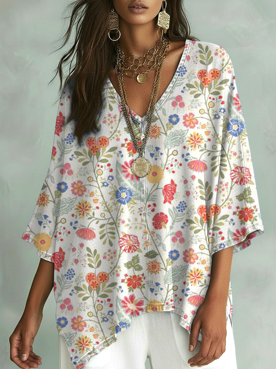 Women's Vintage Flower Art Print V-neck Loose Shirt