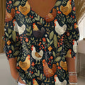 Women's Vintage Flower Chicken Art Print Casual Pullover Sweater