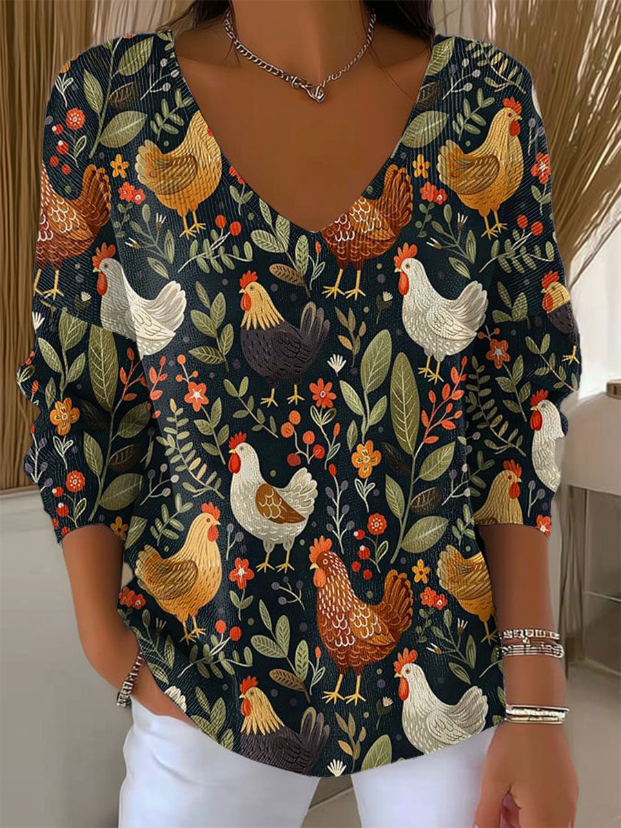 Women's Vintage Flower Chicken Art Print Casual Pullover Sweater