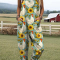Women's Lovely Chicken Sunflowers Art Print Casual 100% Cotton Wide Leg Jumpsuit