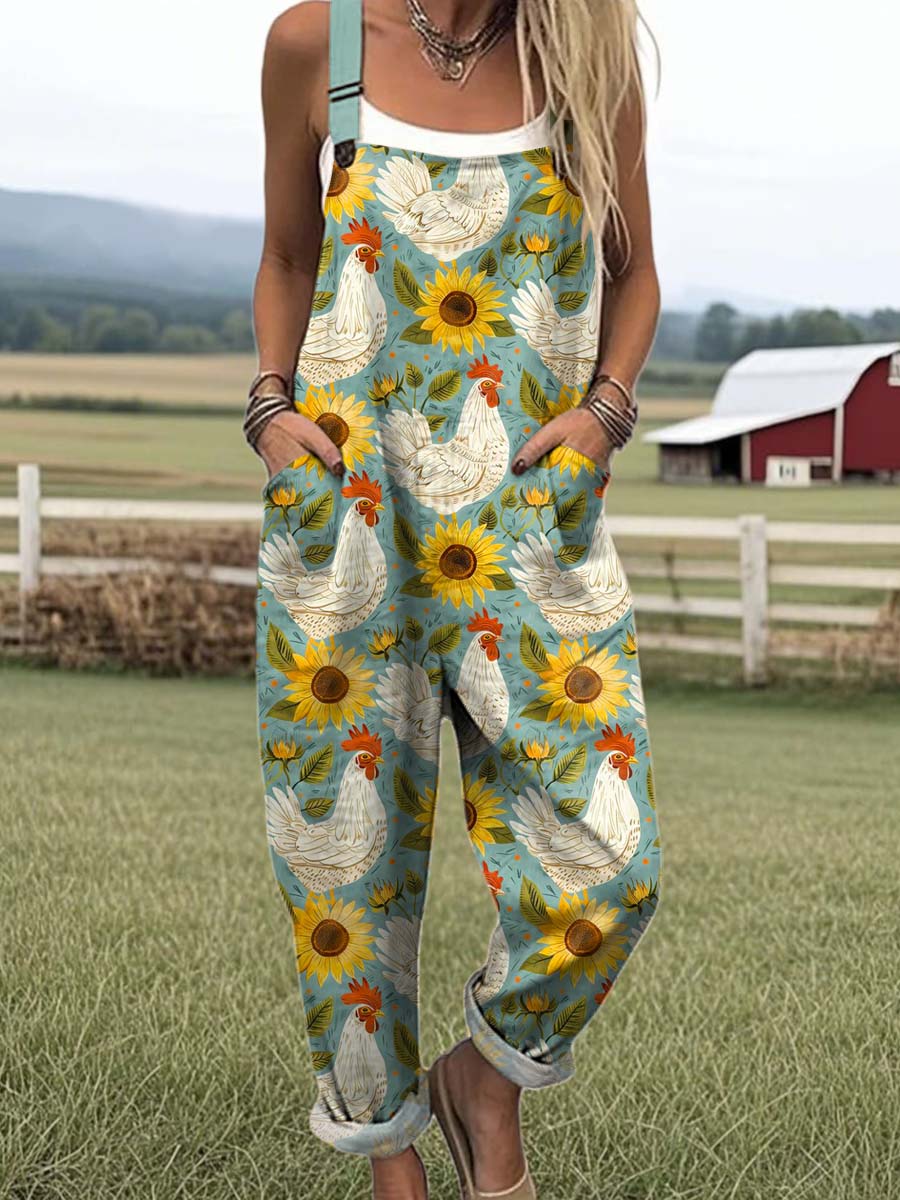 Women's Lovely Chicken Sunflowers Art Print Casual 100% Cotton Wide Leg Jumpsuit