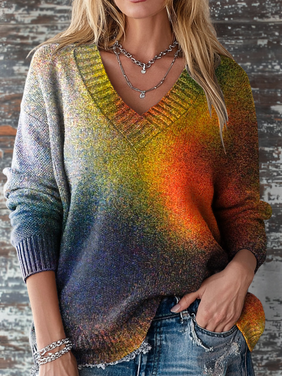 Vintage Multicolor Gradient Painting Art Print Knit V-neck Pullover Sweater