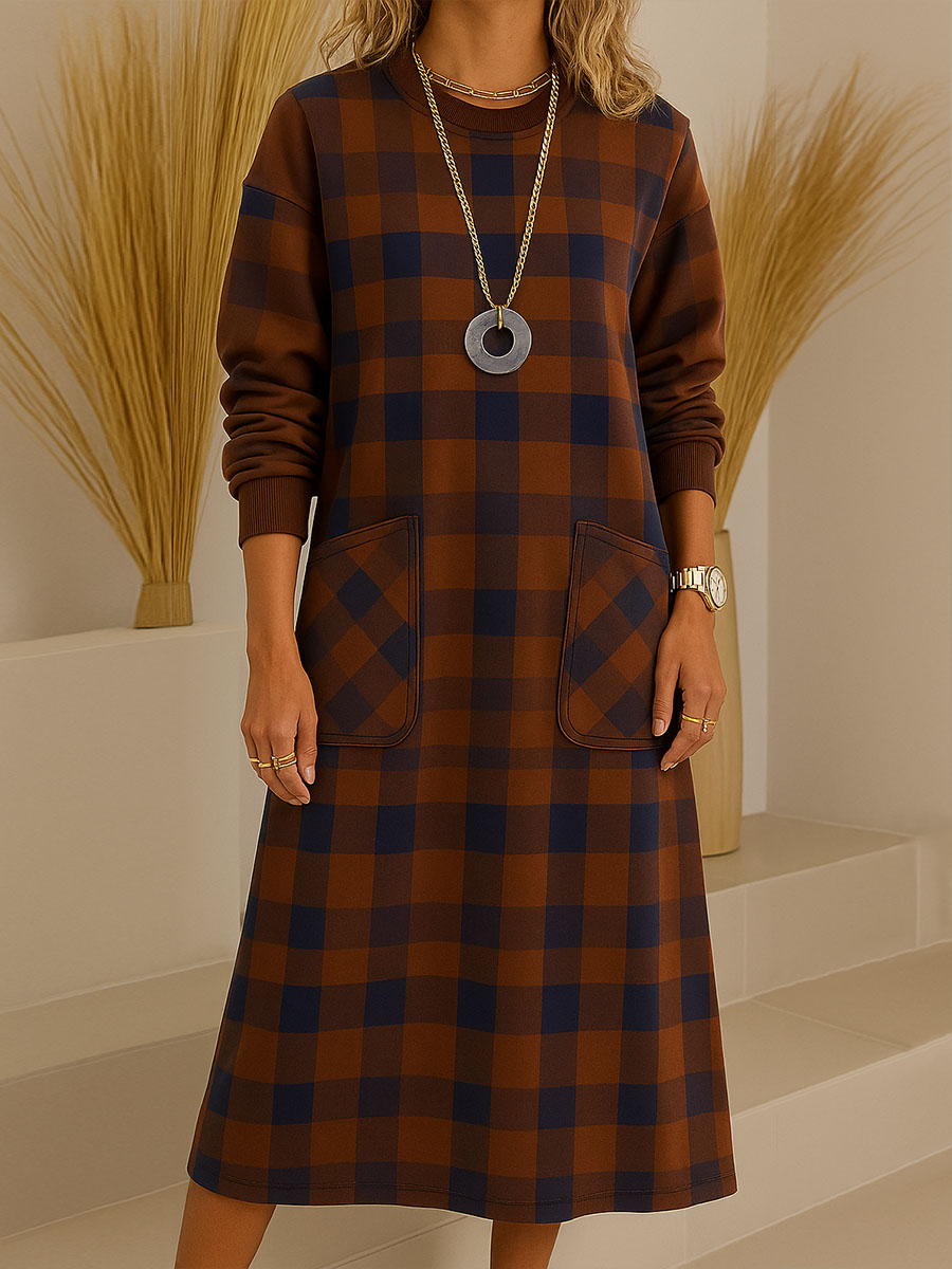 Women's Plaid Print Round Neck Long Sleeve Casual Loose A-Line Dress