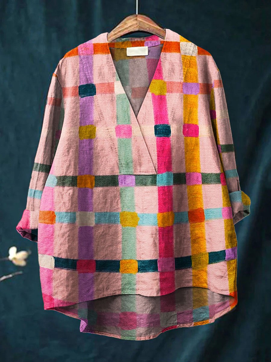 Women's Vintage Striped Plaid Art Print Casual Cotton And Linen V-neck Shirt