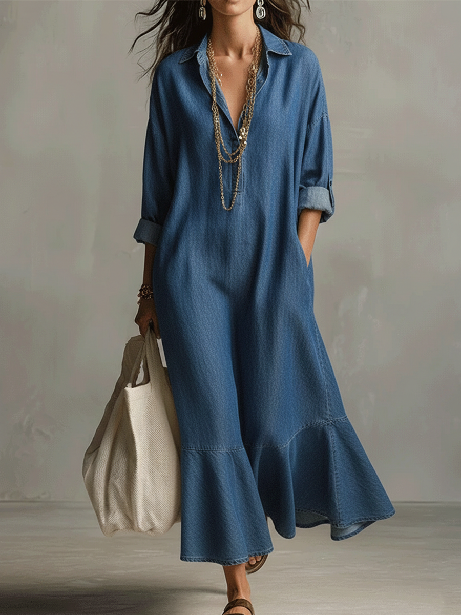 Romantic Ruffled Hem Denim Dress