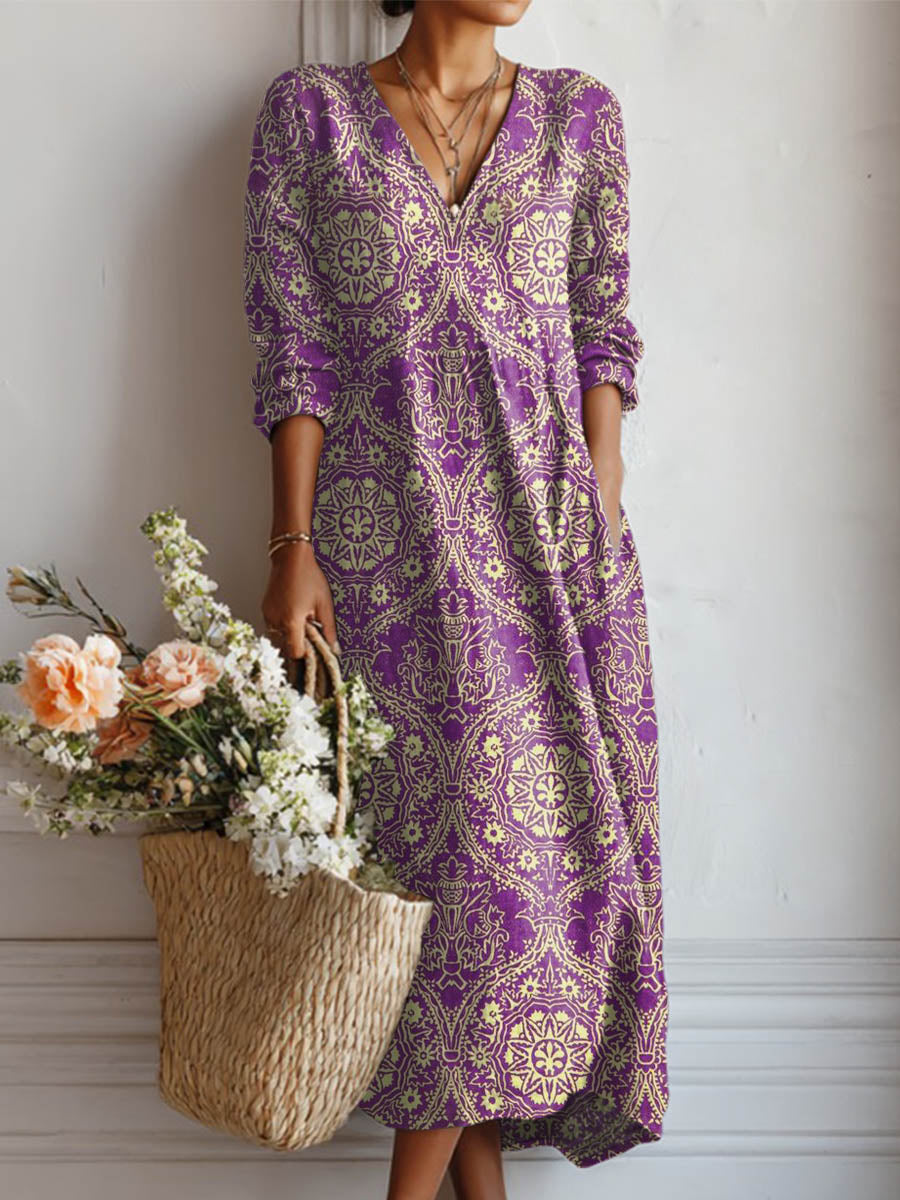 Women's Vintage Floral Pattern Art Print Cotton And Linen Pocket Dress