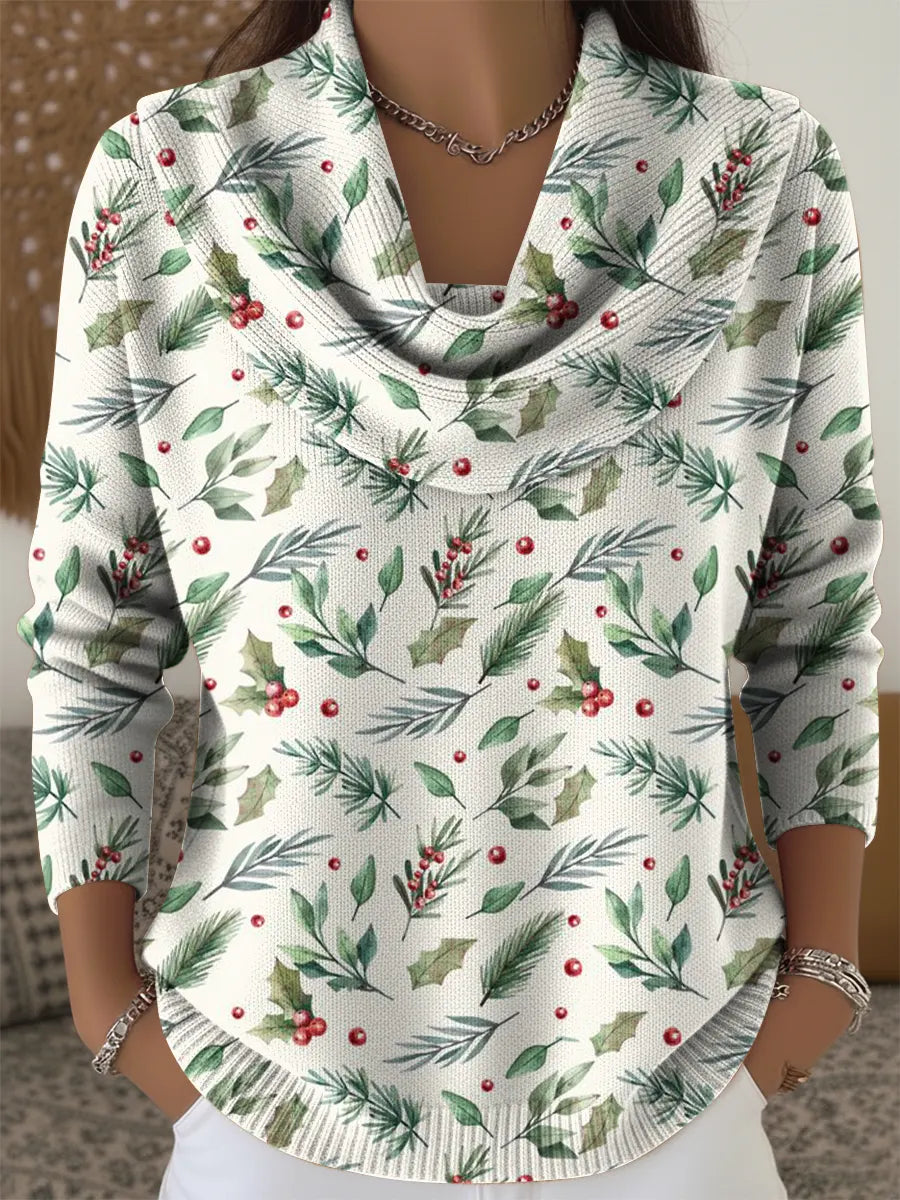 Women's Vintage Christmas-themed Flowers Print Cowl Neck Sweater
