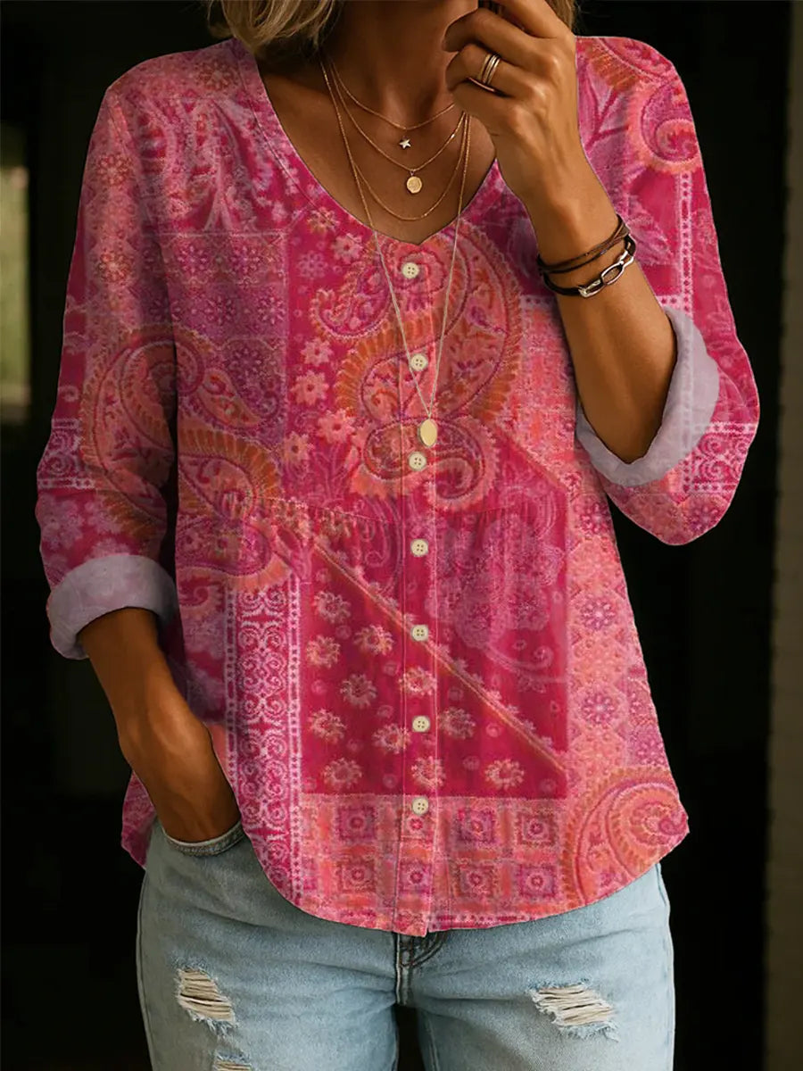 Women's Vintage Floral Pattern Art Print Casual Cotton Linen Shirt