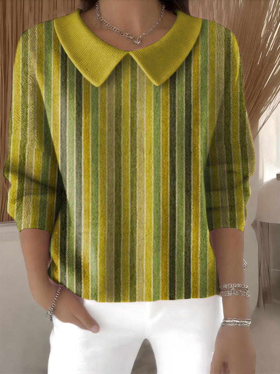womens-geometric-color-stripe-casual-print-peter-pan-collar-3-4-sleeve-sweater