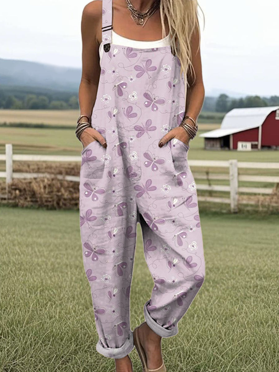 Women's Purple Art Butterfly Print Casual 100% Cotton Wide Leg Jumpsuit
