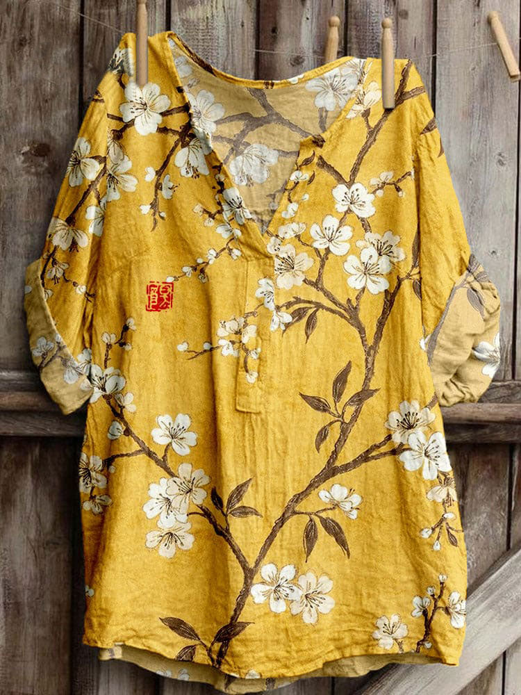 Vintage Cherry Blossom Linen Blend Cozy Tunic