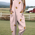Women's Lovely Bees Art Print Casual 100% Cotton Wide Leg Jumpsuit
