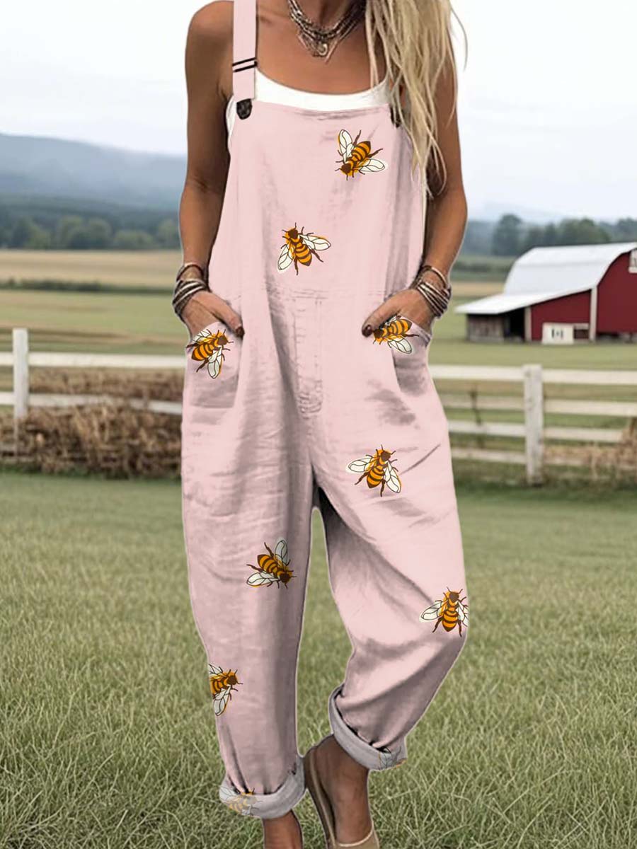 Women's Lovely Bees Art Print Casual 100% Cotton Wide Leg Jumpsuit