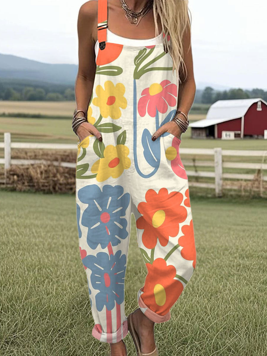 Women's Vintage Floral  Art Print Casual 100% Cotton Wide Leg Jumpsuit
