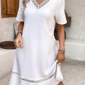 White Embroidery A Line Short Sleeve V Neck Dress