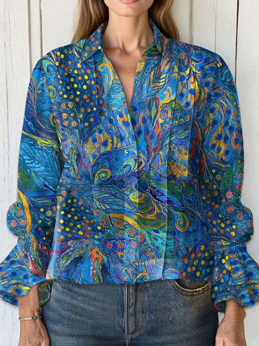 Women's  Vintage Gorgeous Peacock Feathers Art Print Casual  Cotton And Linen Shirt