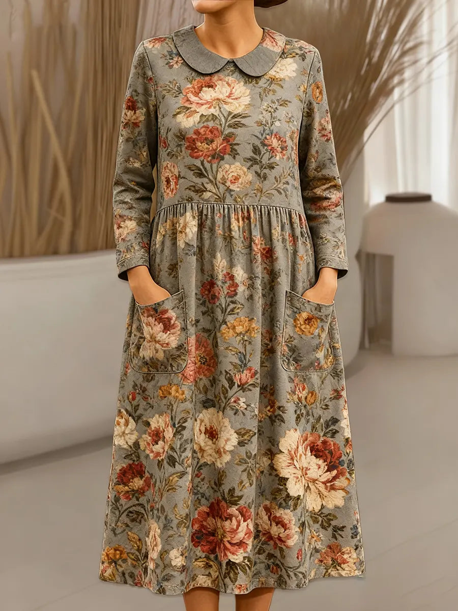 Women's Vintage Flower Pattern Art Print Cotton Lapel Shirt Dress